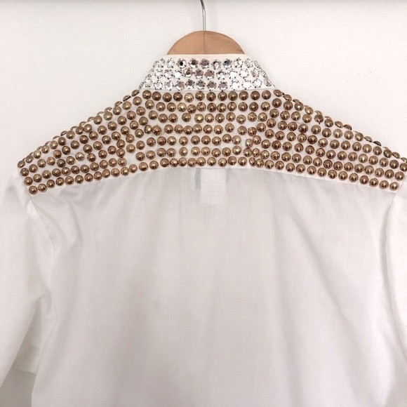 Cowgirl Fancy Western white button down blouse shirt Gold Embellishment Studs - Picture 6 of 15
